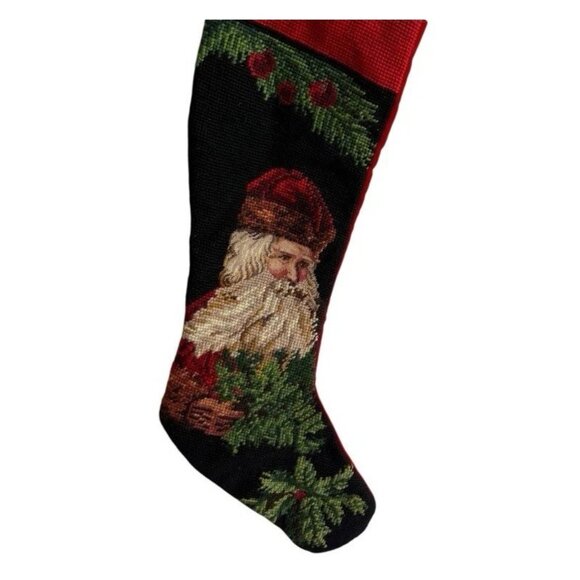 Vintage Needlepoint Father Christmas Stocking Velvet Santa St Nick Red Green 20" - Picture 4 of 5